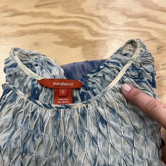 Sundance Silk Chiffon Smocked Semi-Sheer Top Blouse Geometric Ombré Size S Boho - Picture 8 of 12